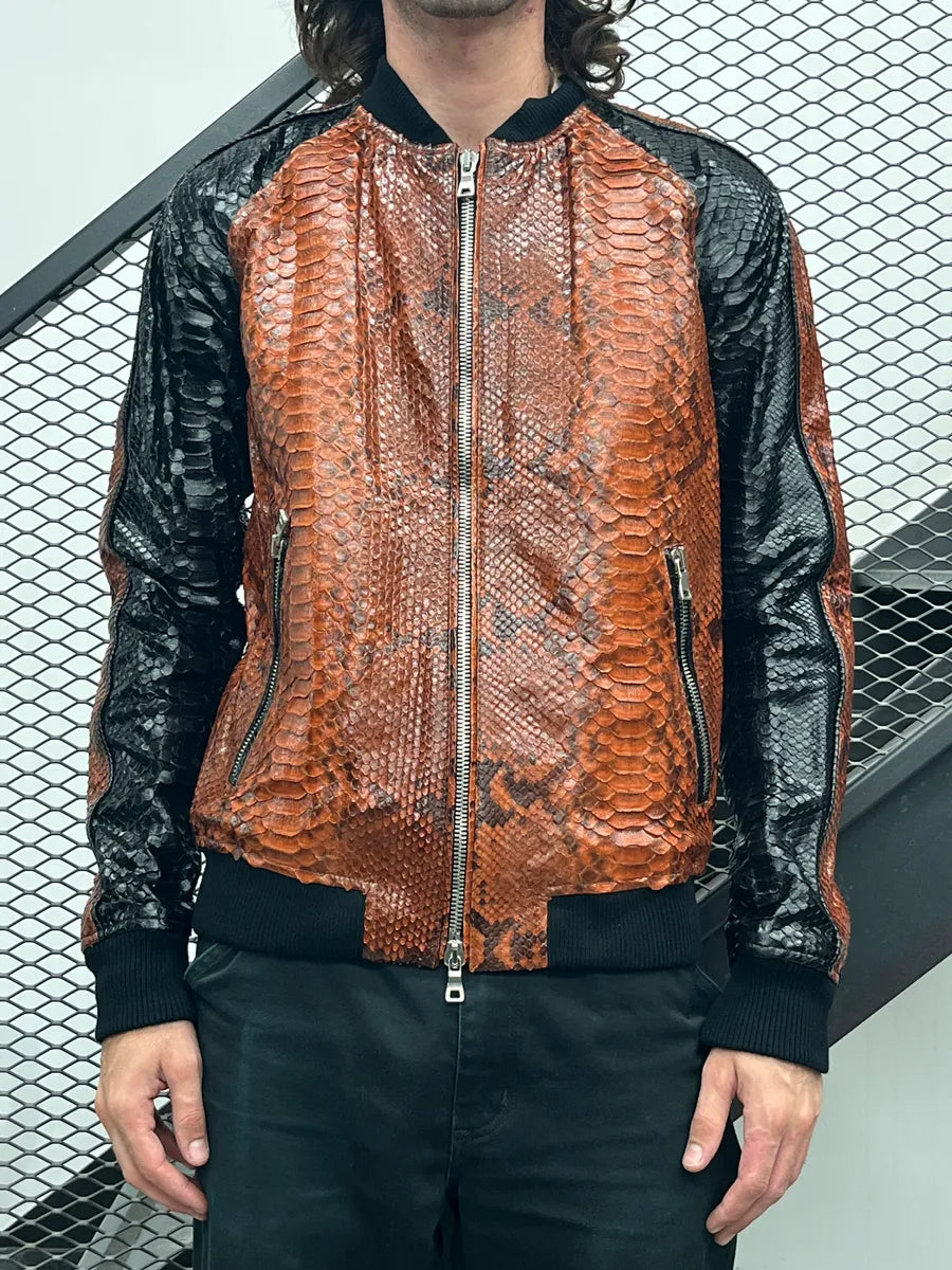 AW2018 Balmain Brown Black Python Leather Zip-Up Sample Bomber Jacket YjMXxtaz 1