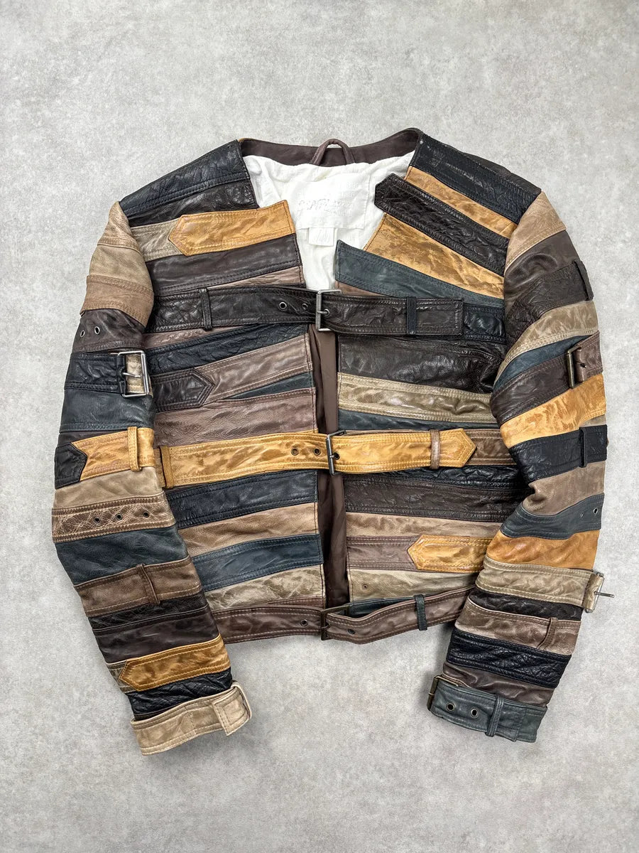 AW2012 Maison Margiela H&M Brown Leather Belt Patchwork Leather Jacket YsbUaQSi 0