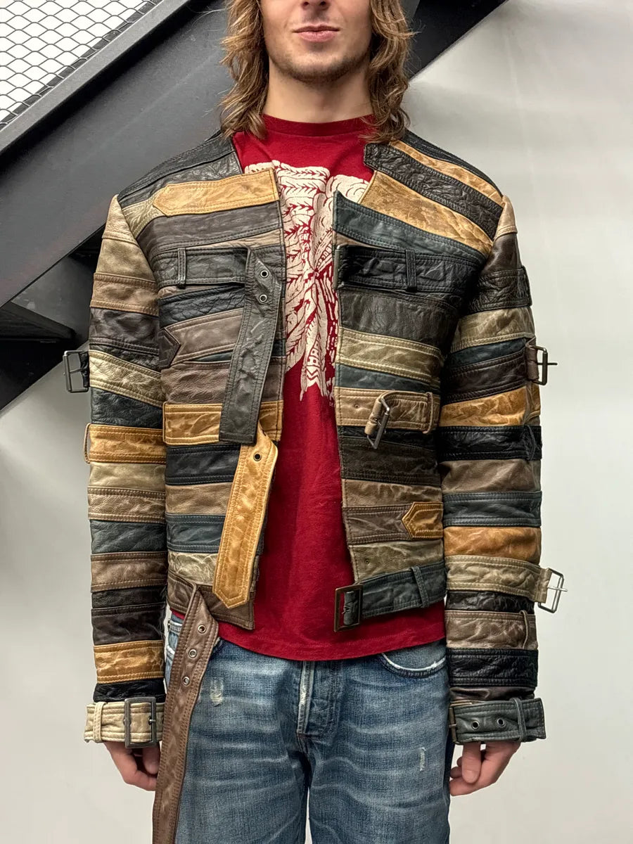 AW2012 Maison Margiela H&M Brown Leather Belt Patchwork Leather Jacket YsbUaQSi 1