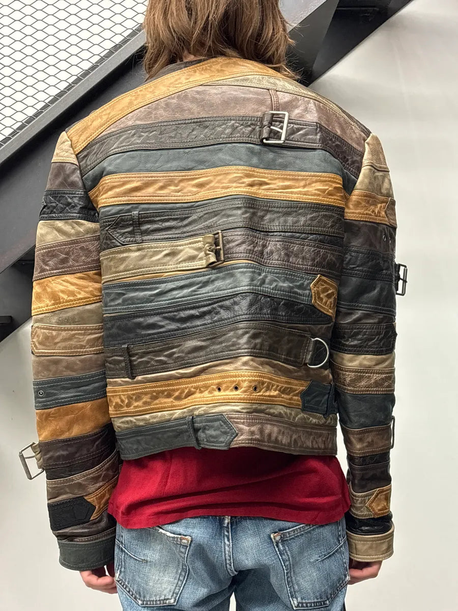 AW2012 Maison Margiela H&M Brown Leather Belt Patchwork Leather Jacket YsbUaQSi 2