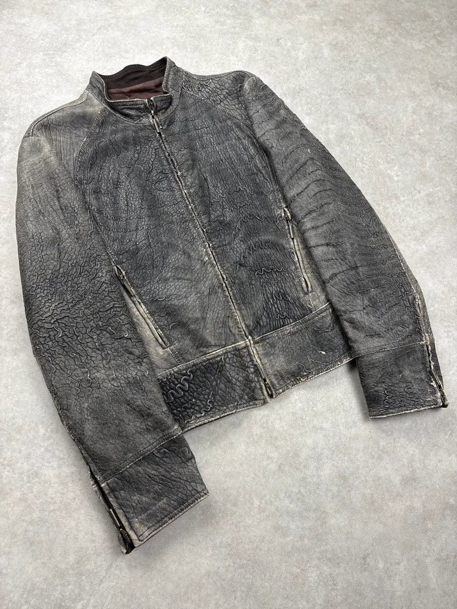 2000s Cavalli Grey Eroded Grained Scars Leather Jacket YtTKbiiS 3