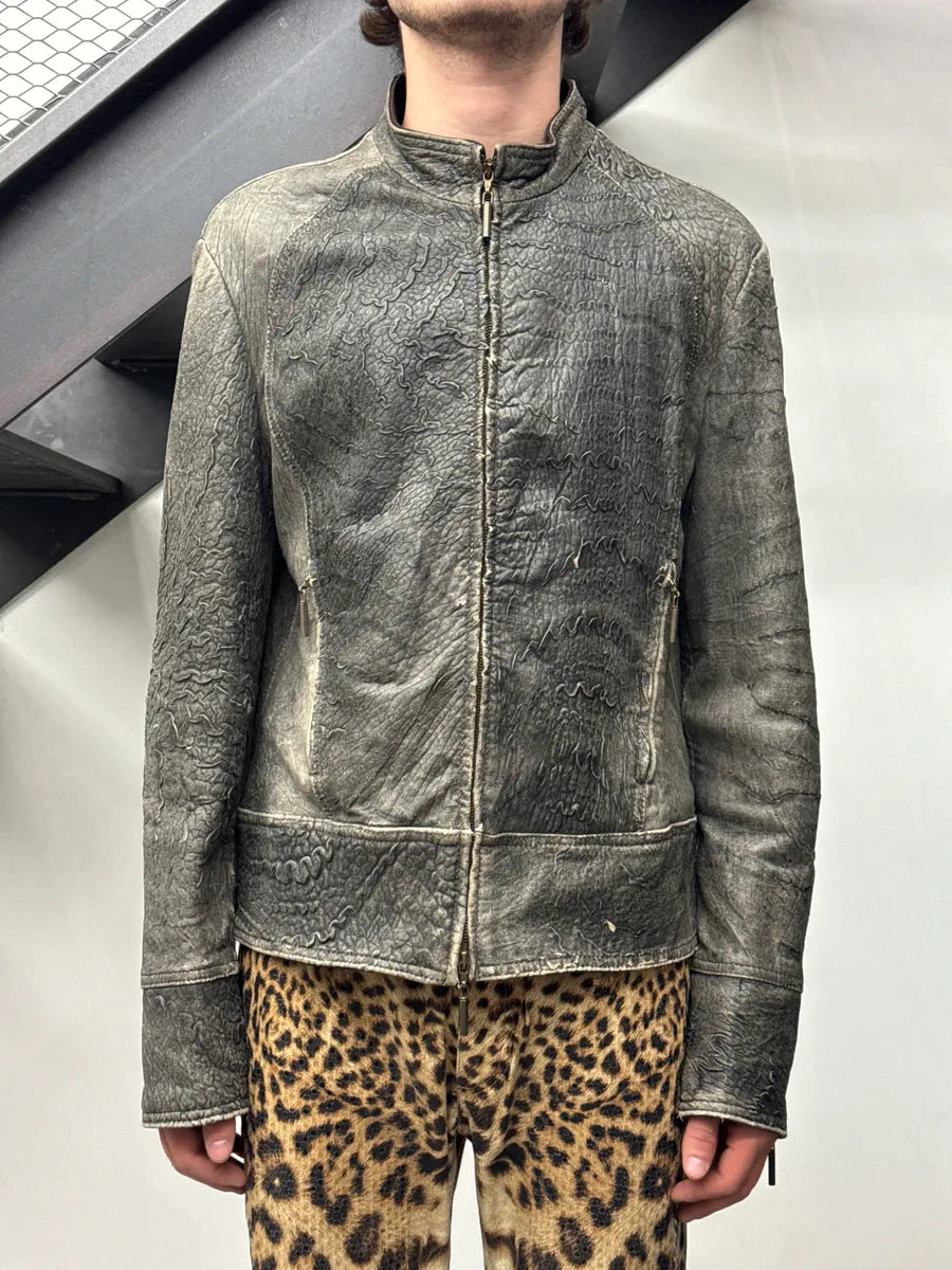 2000s Cavalli Grey Eroded Grained Scars Leather Jacket YtTKbiiS 1