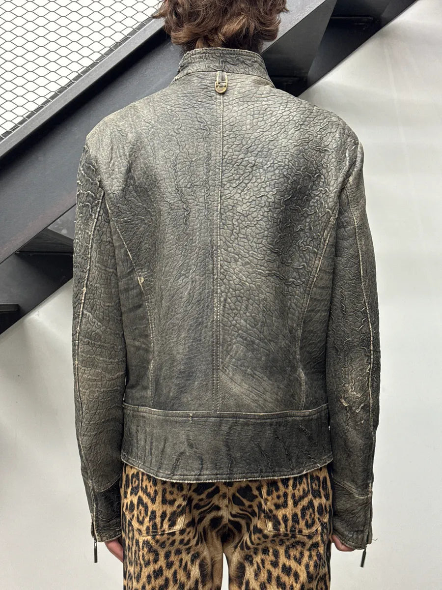 2000s Cavalli Grey Eroded Grained Scars Leather Jacket YtTKbiiS 2