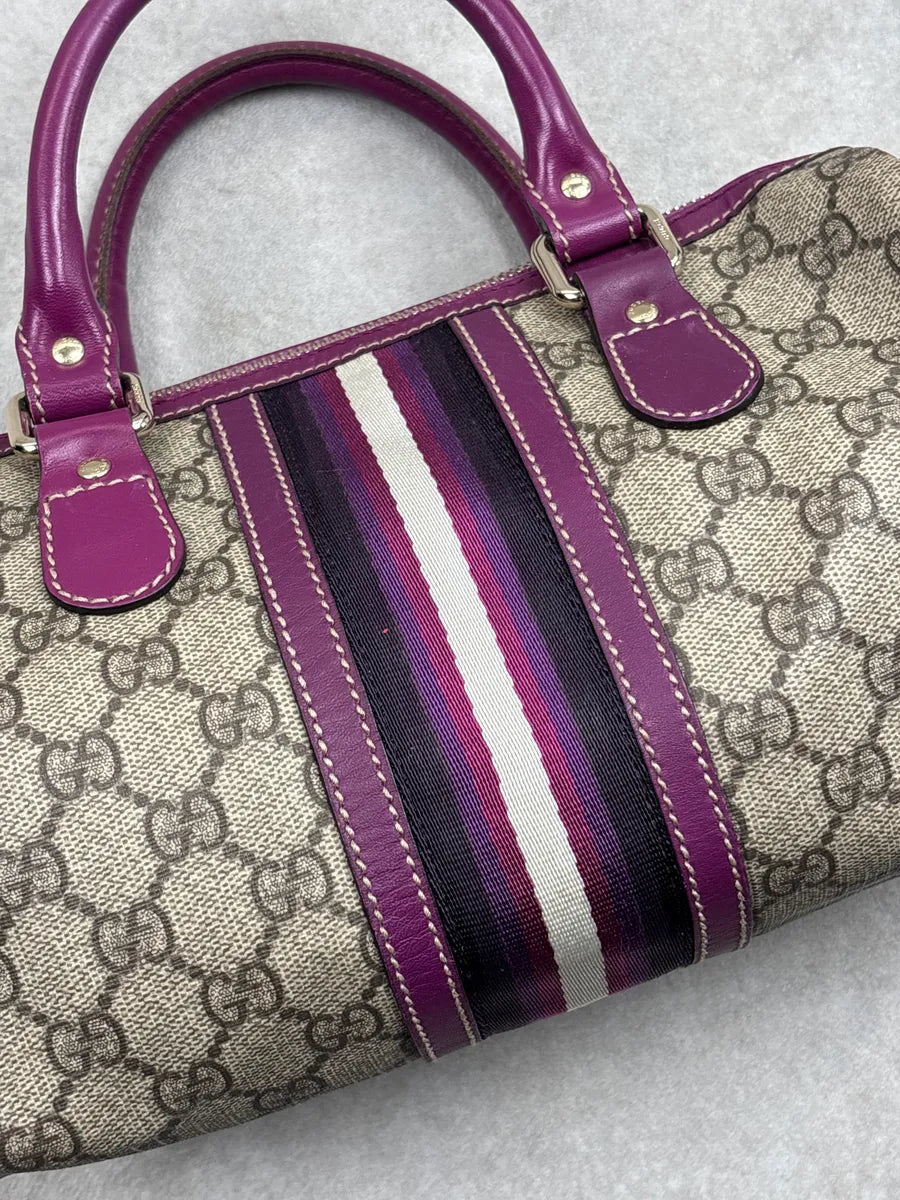 Gucci Purple Canvas GG Monogram Stripe Boston Handle Bag YxGThSNk 9