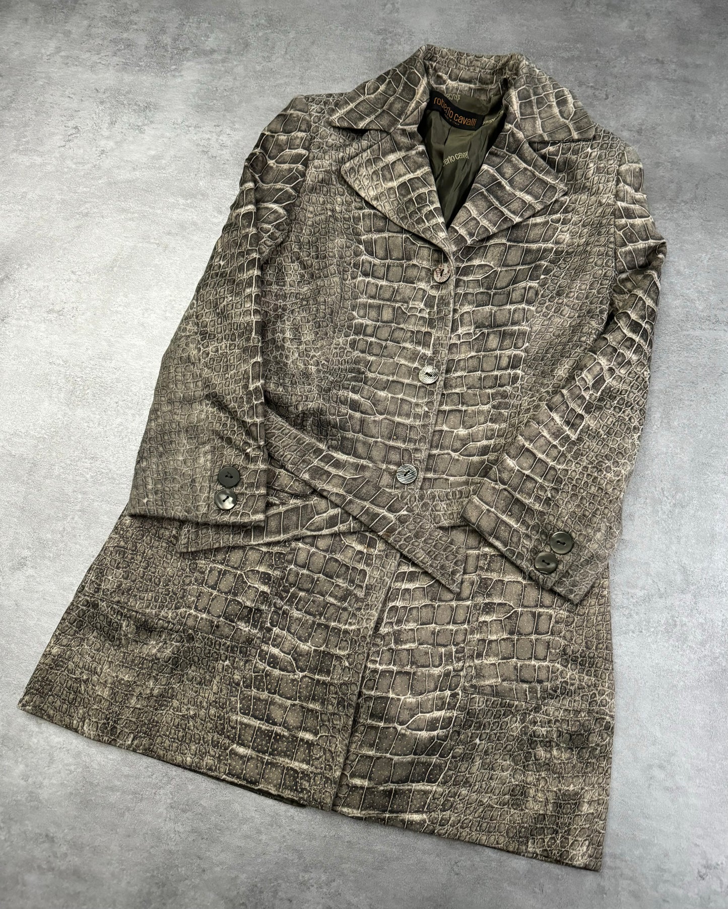 2000s Roberto Cavalli Grey Crocodile Effect Trench Jacket (XXS/XS) - 11