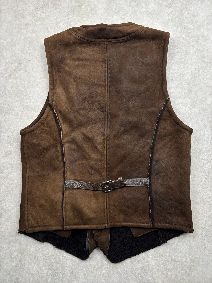2000s Dolce & Gabbana Dark Brown Shearling Lambskin Button Front Vest ZCDKlmWA 4