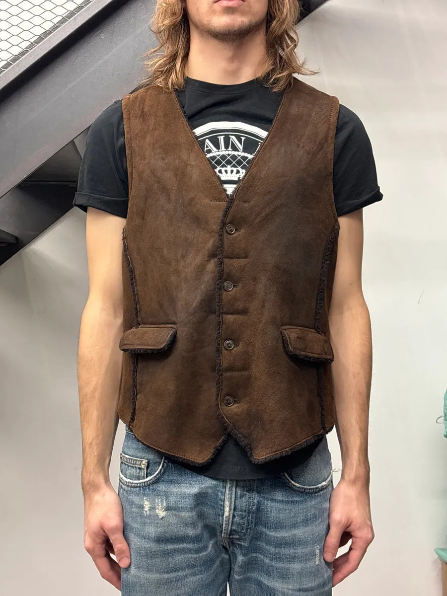 2000s Dolce & Gabbana Dark Brown Shearling Lambskin Button Front Vest ZCDKlmWA 1