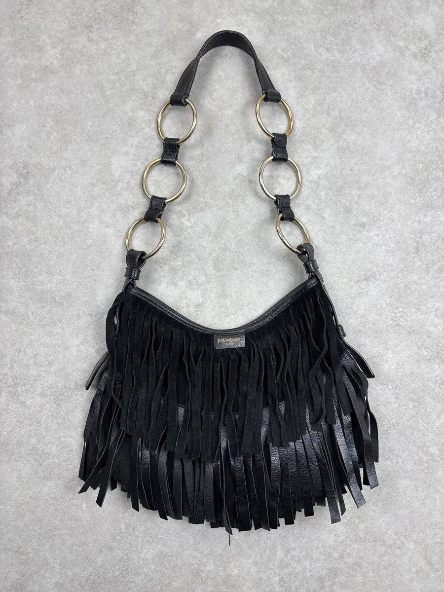 2000s Yves Saint Laurent Black Leather Fringed Crescent Shoulder Bag ZKSRqNJB 0