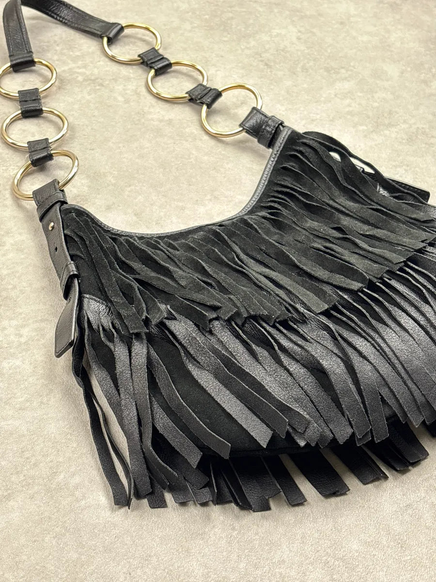 2000s Yves Saint Laurent Black Leather Fringed Crescent Shoulder Bag ZKSRqNJB 10