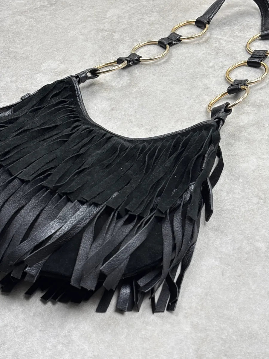 2000s Yves Saint Laurent Black Leather Fringed Crescent Shoulder Bag ZKSRqNJB 11