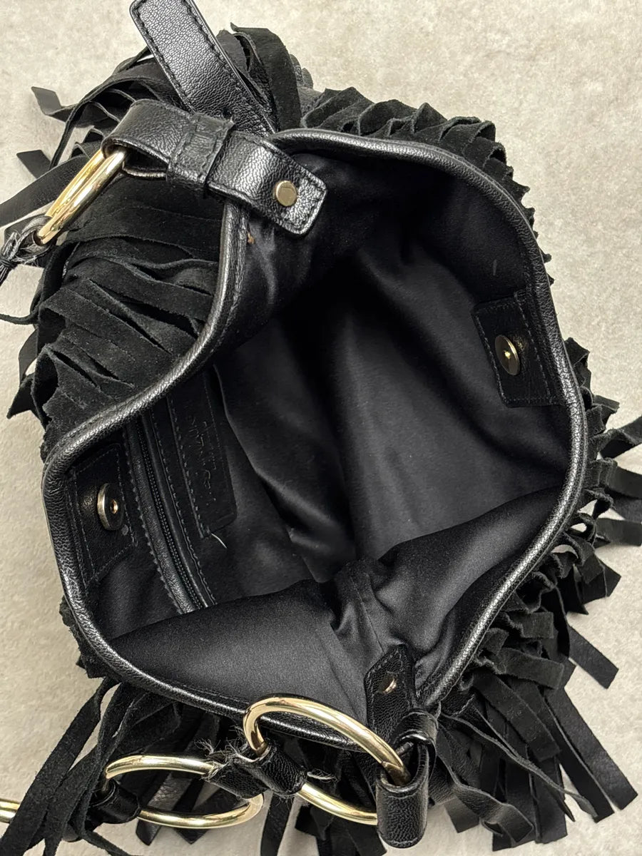 2000s Yves Saint Laurent Black Leather Fringed Crescent Shoulder Bag ZKSRqNJB 12