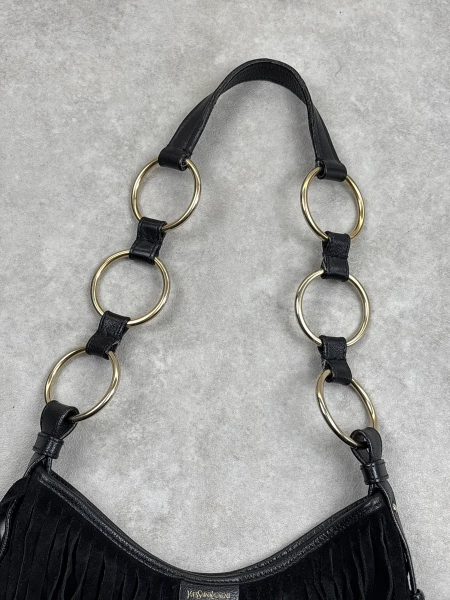 2000s Yves Saint Laurent Black Leather Fringed Crescent Shoulder Bag ZKSRqNJB 4