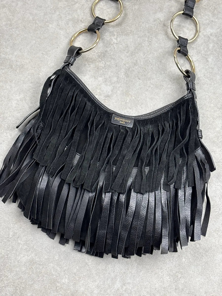 2000s Yves Saint Laurent Black Leather Fringed Crescent Shoulder Bag ZKSRqNJB 5