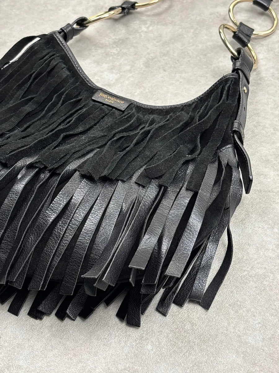 2000s Yves Saint Laurent Black Leather Fringed Crescent Shoulder Bag ZKSRqNJB 6