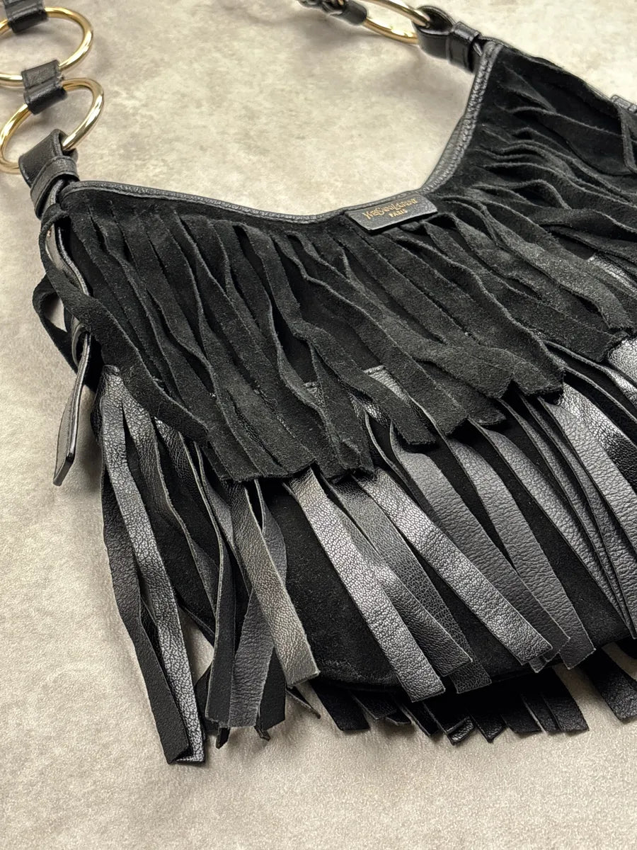 2000s Yves Saint Laurent Black Leather Fringed Crescent Shoulder Bag ZKSRqNJB 7