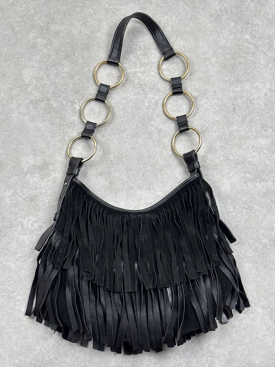 2000s Yves Saint Laurent Black Leather Fringed Crescent Shoulder Bag ZKSRqNJB 3