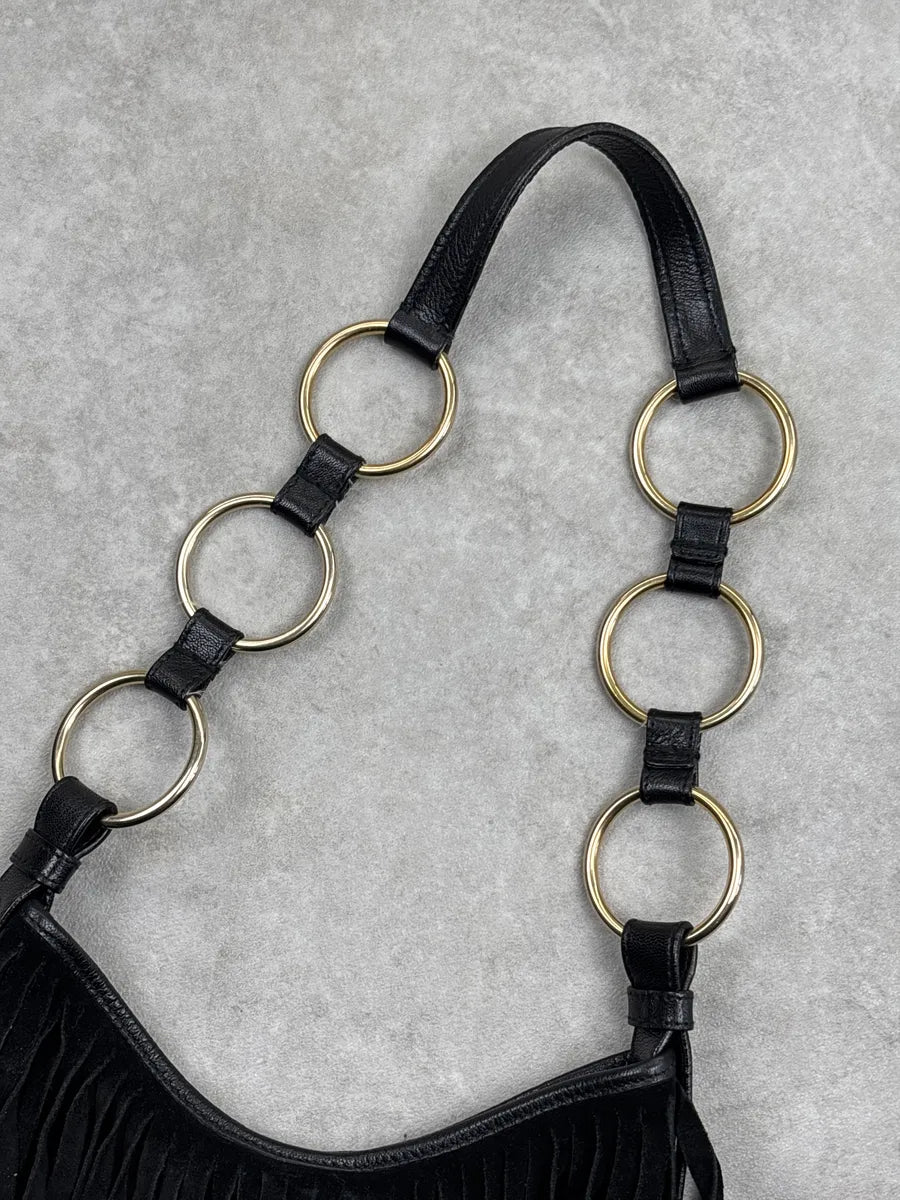 2000s Yves Saint Laurent Black Leather Fringed Crescent Shoulder Bag ZKSRqNJB 8