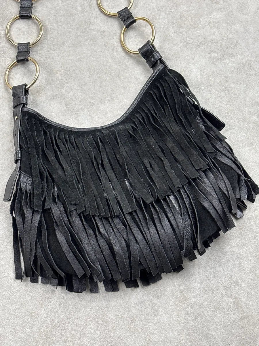 2000s Yves Saint Laurent Black Leather Fringed Crescent Shoulder Bag ZKSRqNJB 9