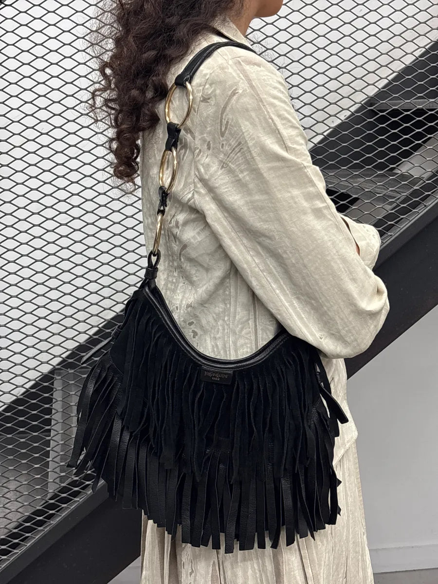 2000s Yves Saint Laurent Black Leather Fringed Crescent Shoulder Bag ZKSRqNJB 2