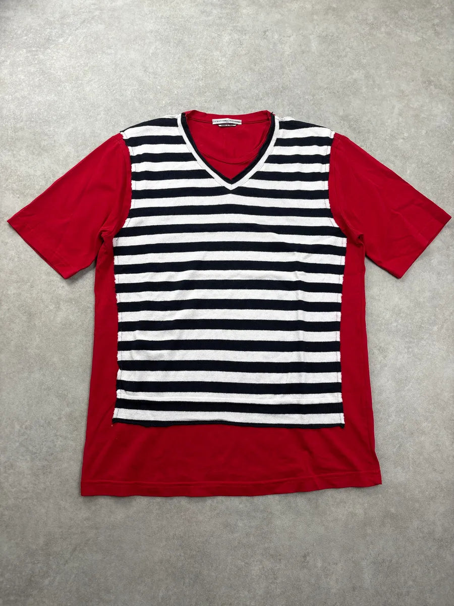 2000s Daniele Alessandrini Red Striped Panel Layered Effect V-Neck T-Shirt ZOdTmvwO 0