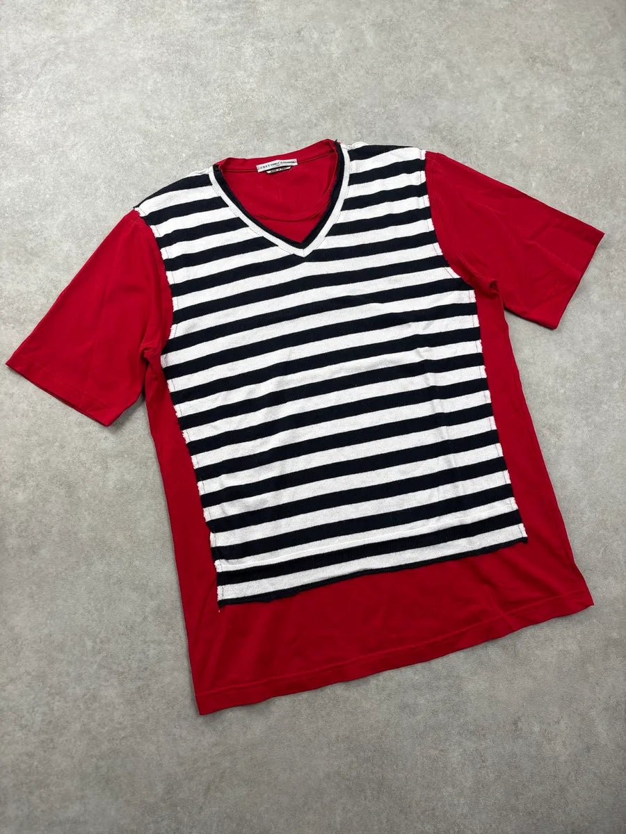 2000s Daniele Alessandrini Red Striped Panel Layered Effect V-Neck T-Shirt ZOdTmvwO 3