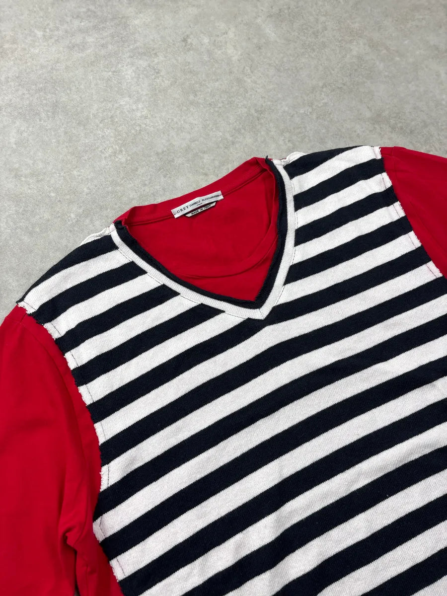 2000s Daniele Alessandrini Red Striped Panel Layered Effect V-Neck T-Shirt ZOdTmvwO 5