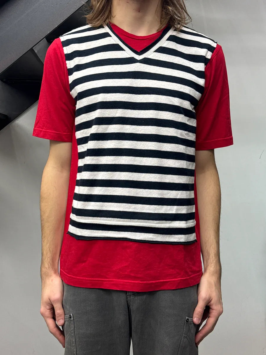 2000s Daniele Alessandrini Red Striped Panel Layered Effect V-Neck T-Shirt ZOdTmvwO 1