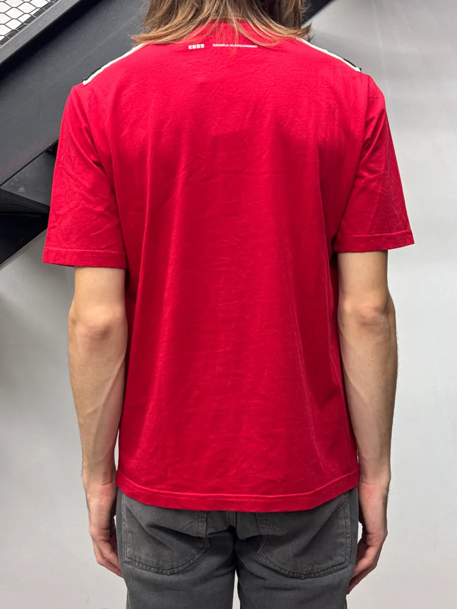 2000s Daniele Alessandrini Red Striped Panel Layered Effect V-Neck T-Shirt ZOdTmvwO 2