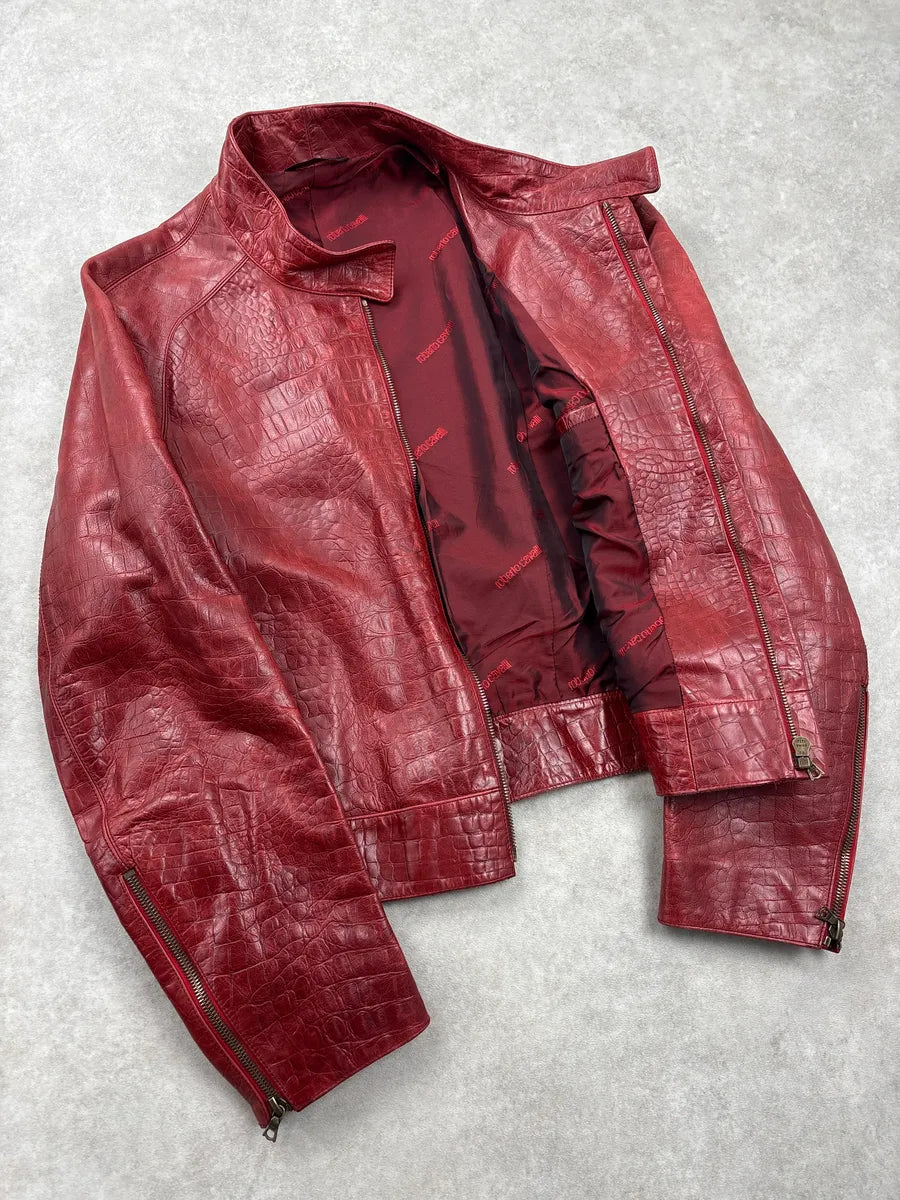 AW2000 Roberto Cavalli Red Leather Croc-Embossed Leather Jacket ZOwOxiaf 8
