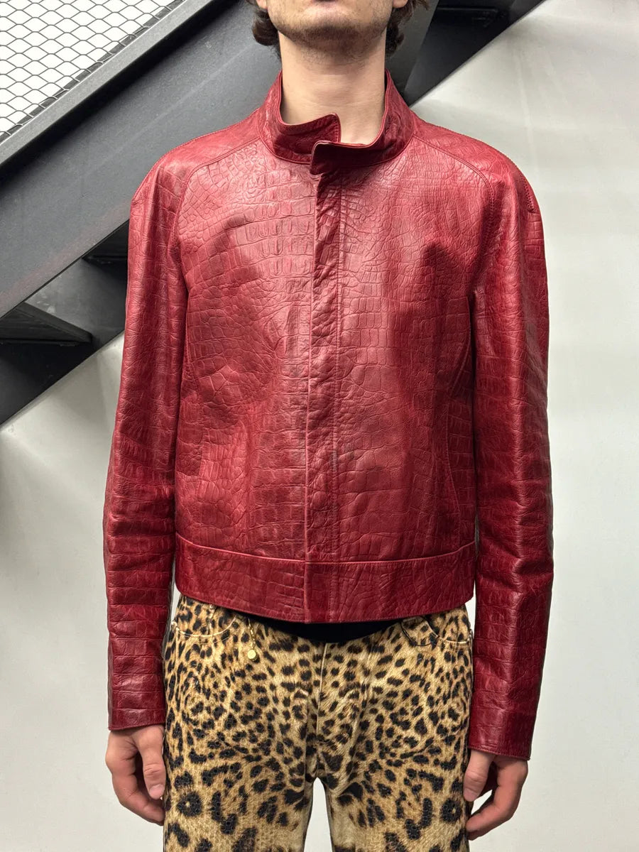 AW2000 Roberto Cavalli Red Leather Croc-Embossed Leather Jacket ZOwOxiaf 1