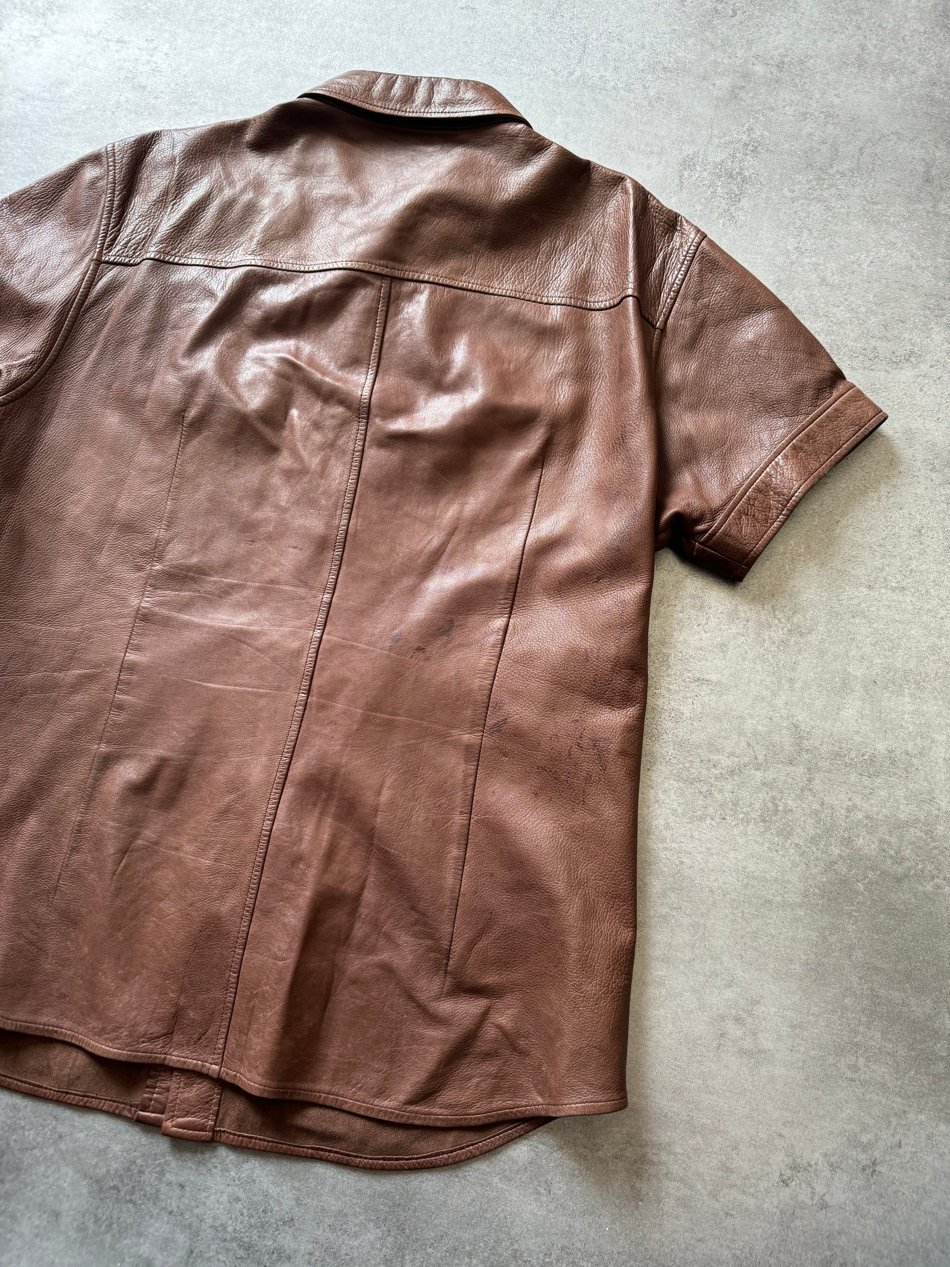 1990s Prada Brown Lamb Leather Short Sleeves Shirt  (M) - 5