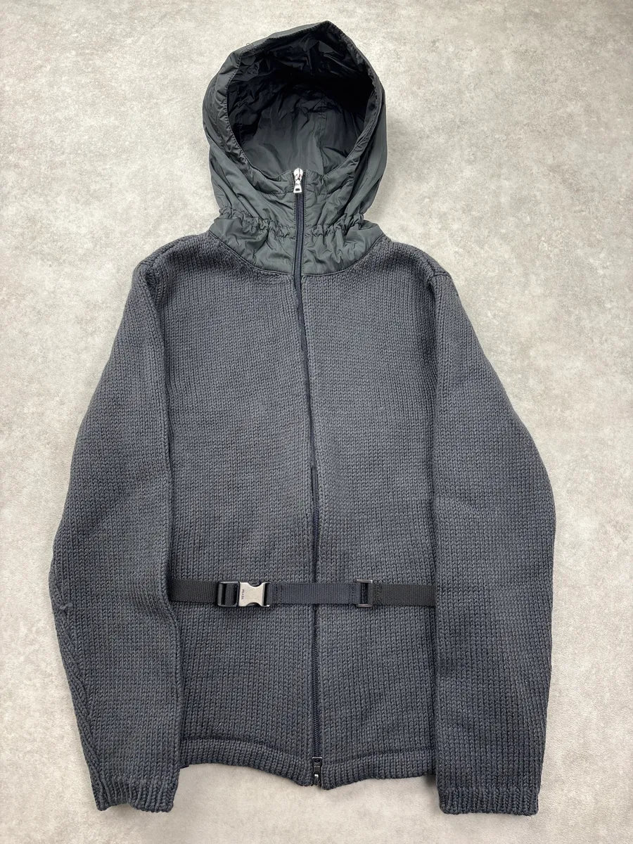 SS1999 Prada Grey Wool & Nylon Hooded Belted Jacket ZVTiGkHR 0