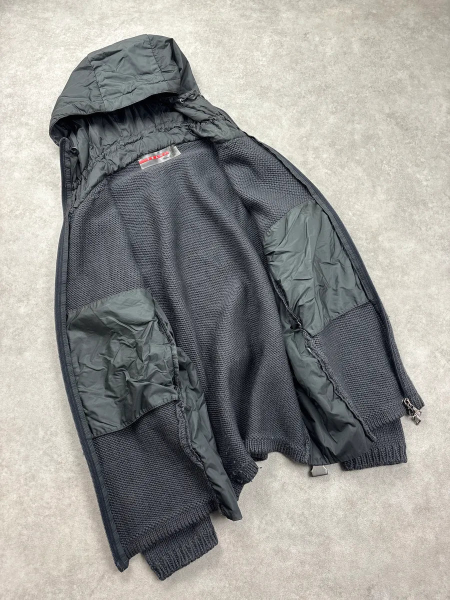 SS1999 Prada Grey Wool & Nylon Hooded Belted Jacket ZVTiGkHR 5