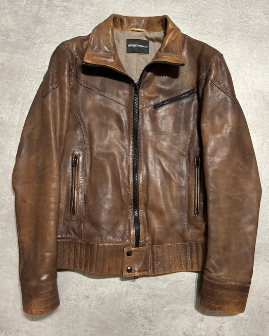 FW2011 Emporio Armani Brown Calf Leather Biker Jacket (M) - 1