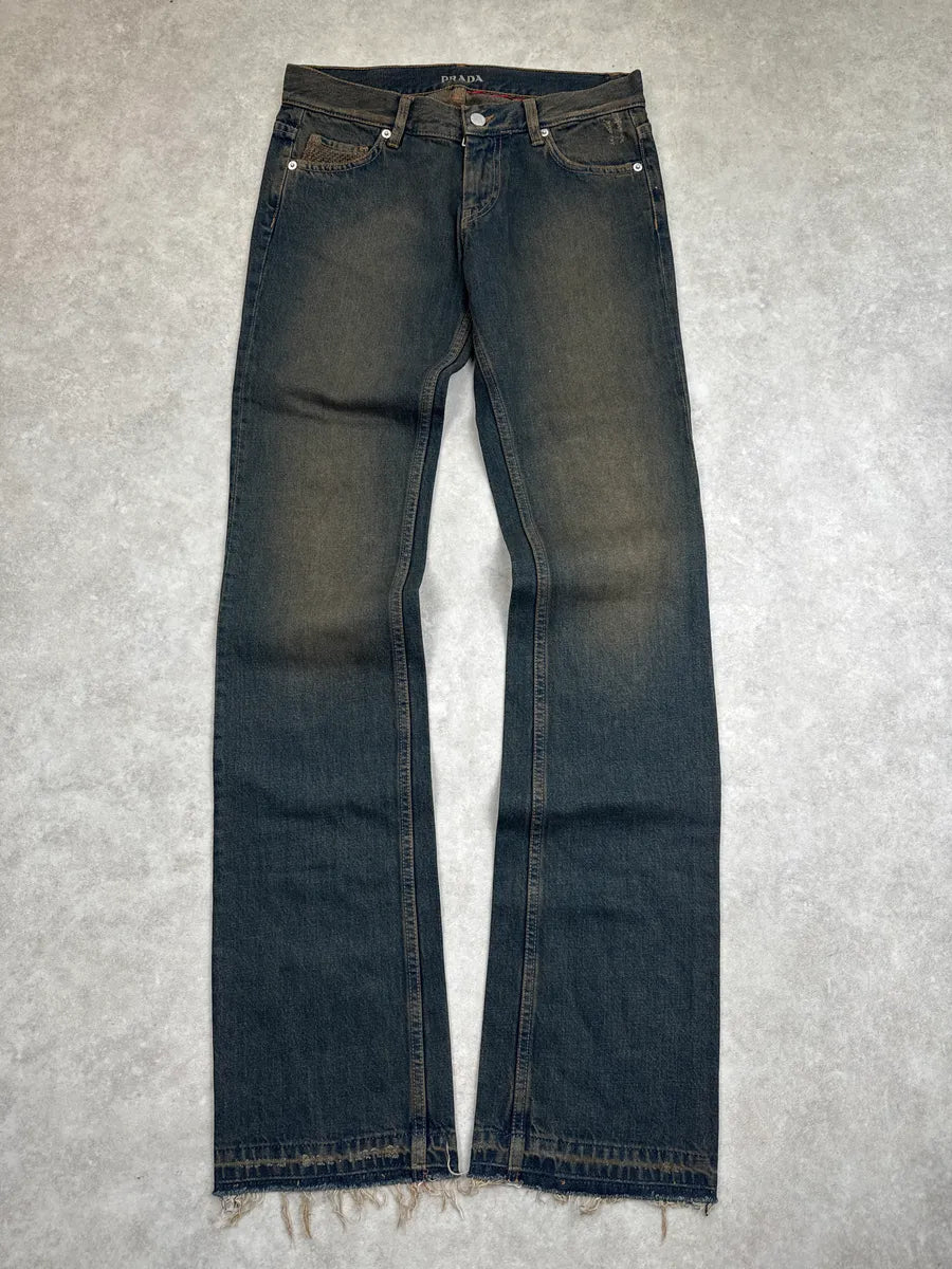 AW2006 Prada Dark Indigo Denim Distressed Straight Leg Jeans ZbhKmREq 0