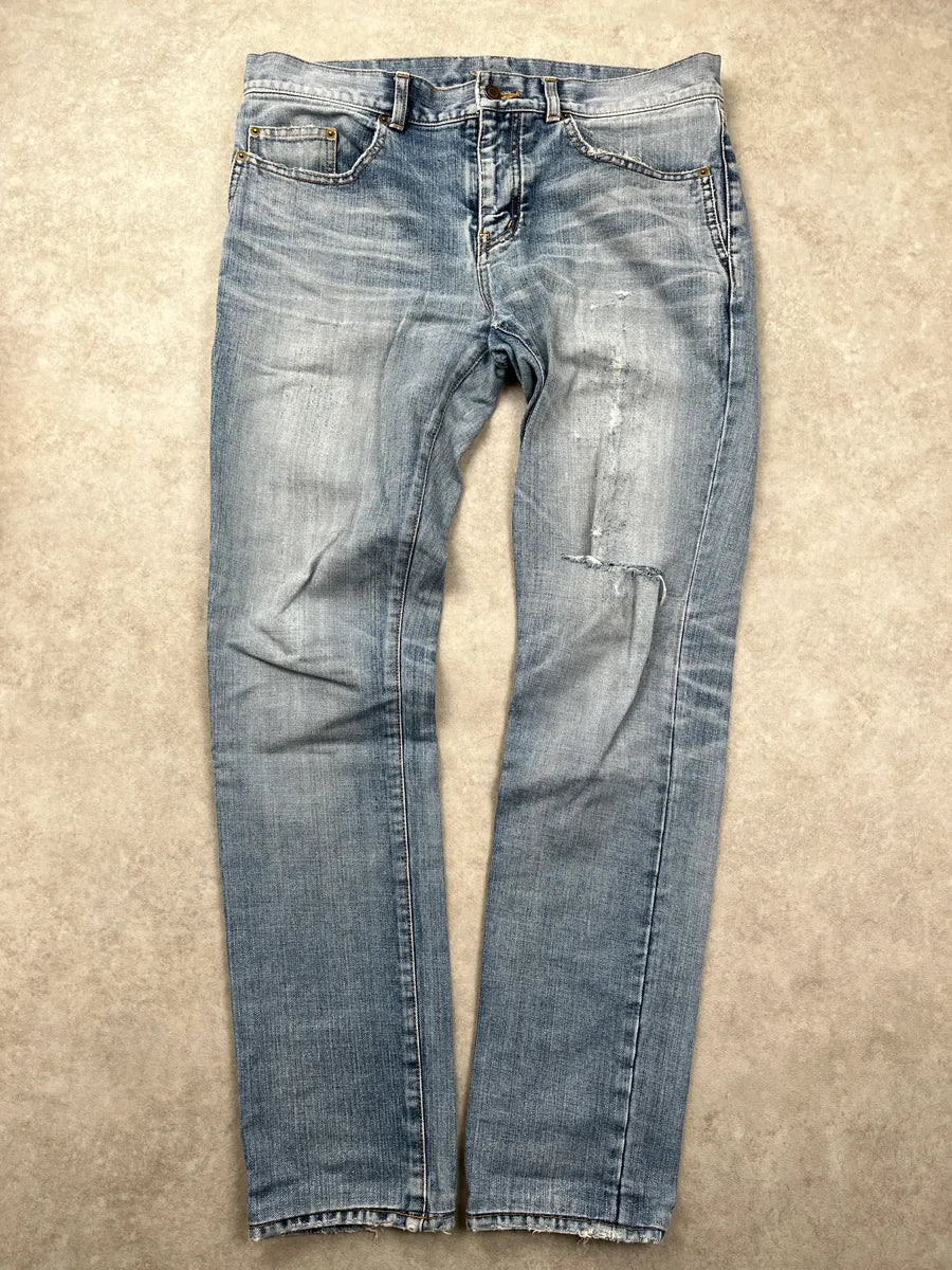 SS2018 Saint Laurent Light Blue Denim Universite Patch Distressed Jeans ZbveRthk 0