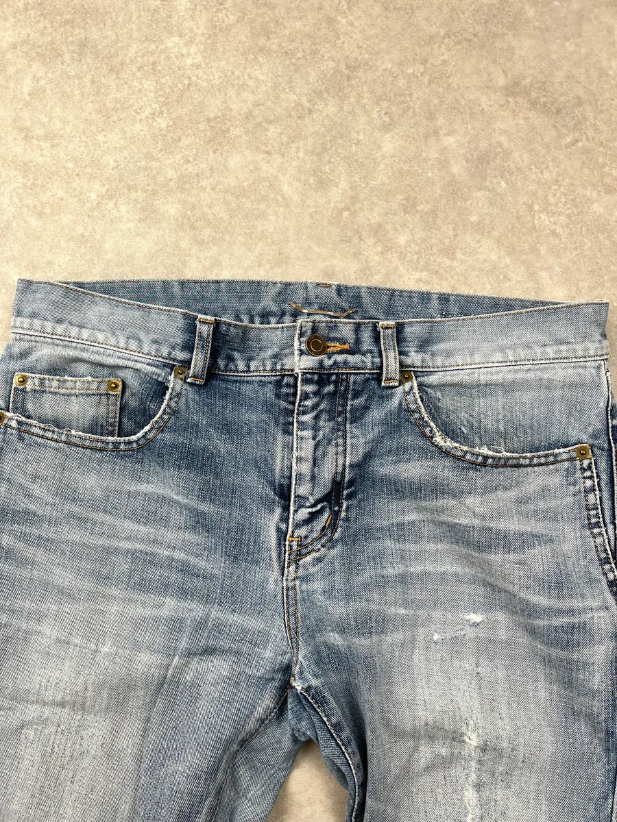 SS2018 Saint Laurent Light Blue Denim Universite Patch Distressed Jeans ZbveRthk 5