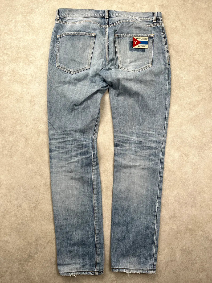 SS2018 Saint Laurent Light Blue Denim Universite Patch Distressed Jeans ZbveRthk 4