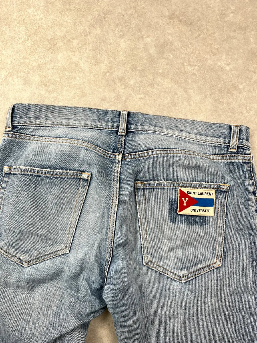 SS2018 Saint Laurent Light Blue Denim Universite Patch Distressed Jeans ZbveRthk 6