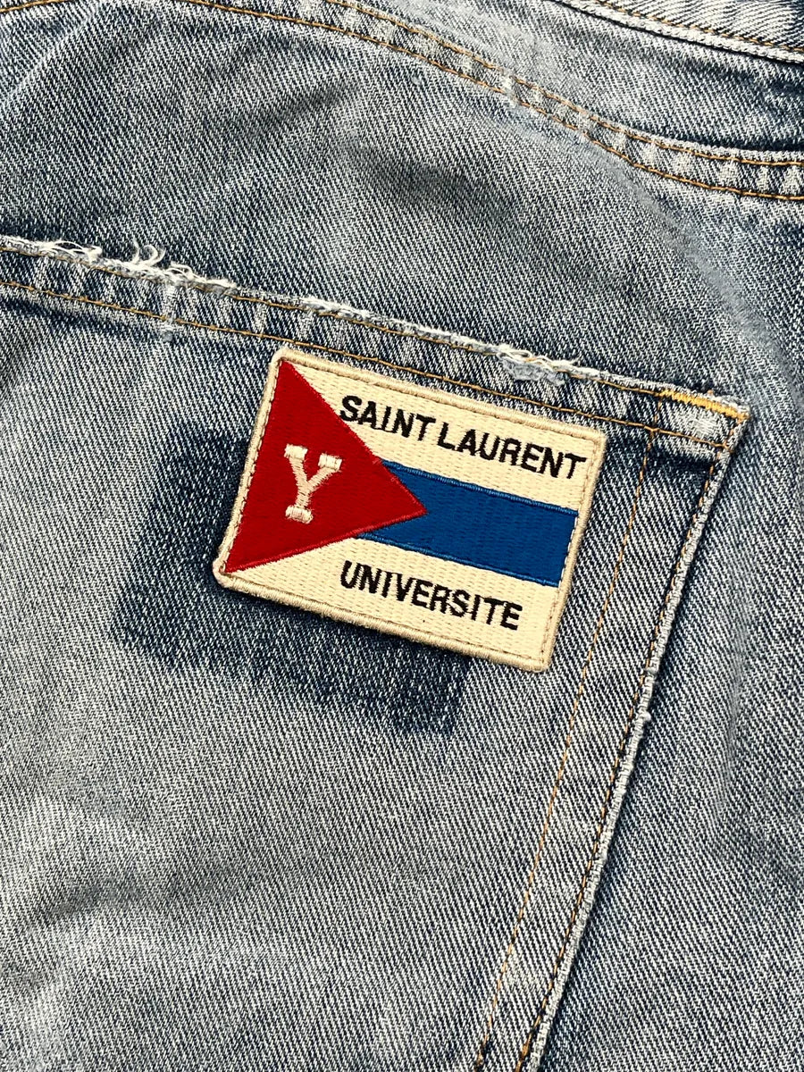 SS2018 Saint Laurent Light Blue Denim Universite Patch Distressed Jeans ZbveRthk 9