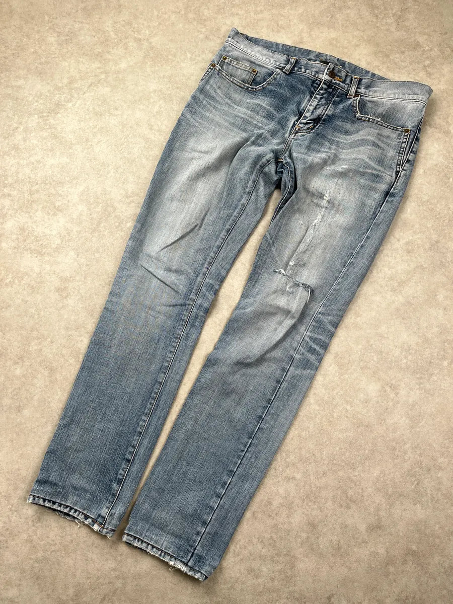 SS2018 Saint Laurent Light Blue Denim Universite Patch Distressed Jeans ZbveRthk 8