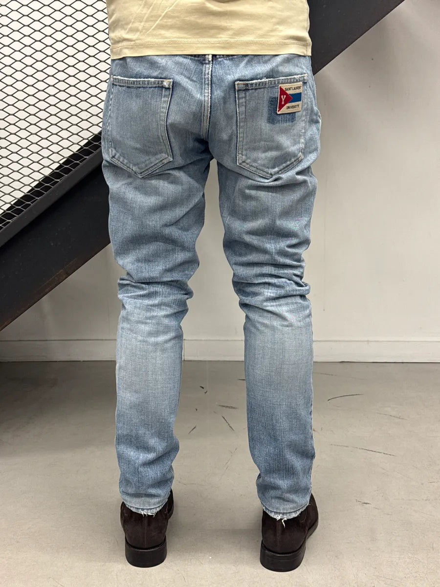 SS2018 Saint Laurent Light Blue Denim Universite Patch Distressed Jeans ZbveRthk 3