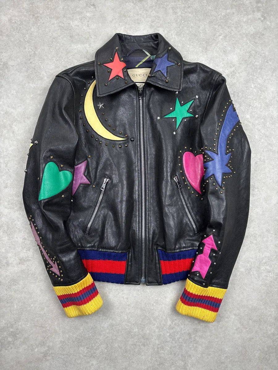 2010s Gucci Black Leather Celestial Studded Bomber Jacket ZmyOLyge 0