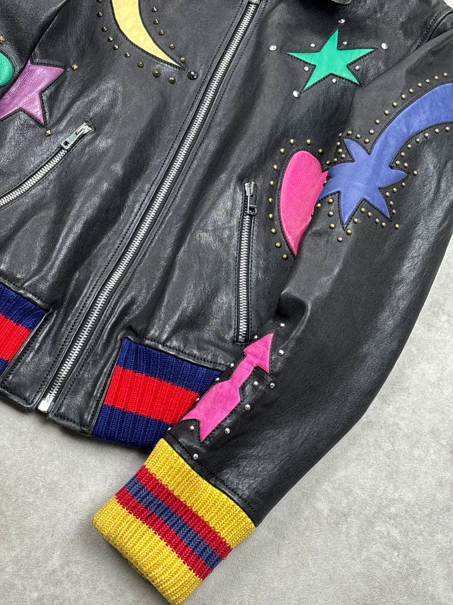 2010s Gucci Black Leather Celestial Studded Bomber Jacket ZmyOLyge 7