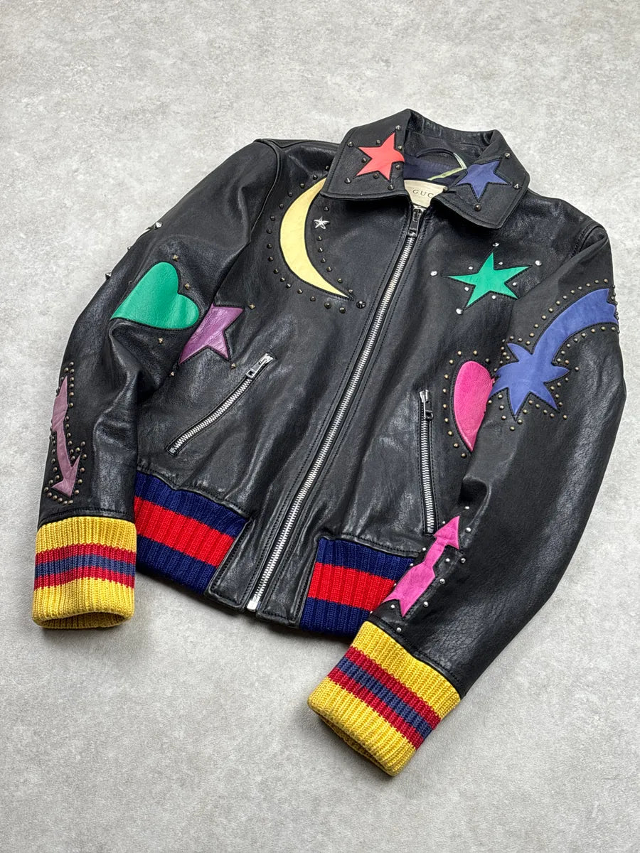 2010s Gucci Black Leather Celestial Studded Bomber Jacket ZmyOLyge 3