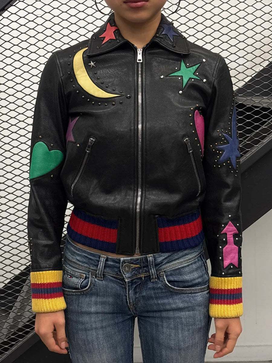 2010s Gucci Black Leather Celestial Studded Bomber Jacket ZmyOLyge 1