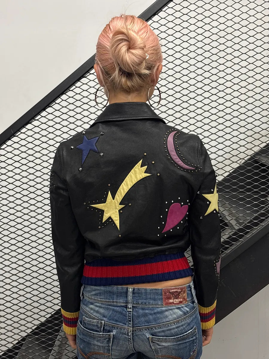 2010s Gucci Black Leather Celestial Studded Bomber Jacket ZmyOLyge 2