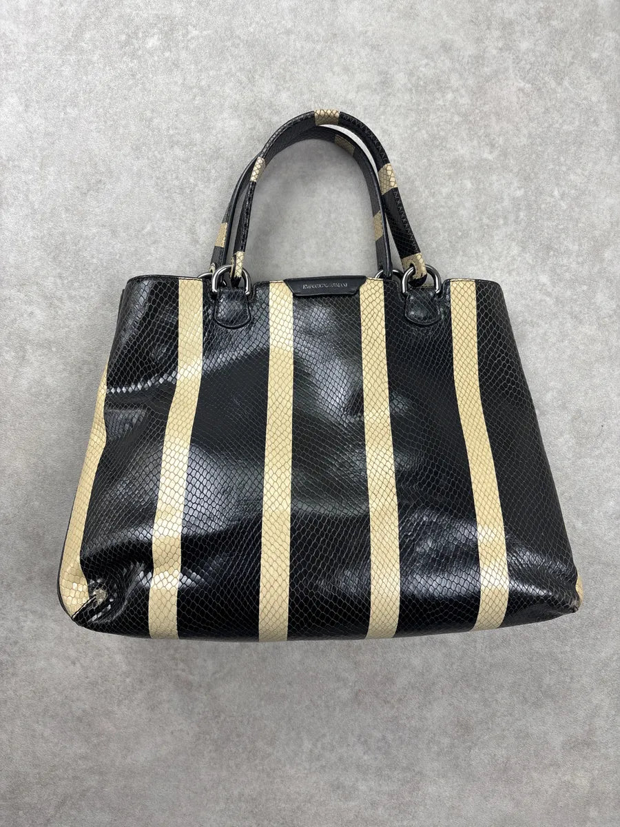 Emporio Armani Black Snakeskin-Effect Stripe Leather Totebag ZqrJDJOF 0