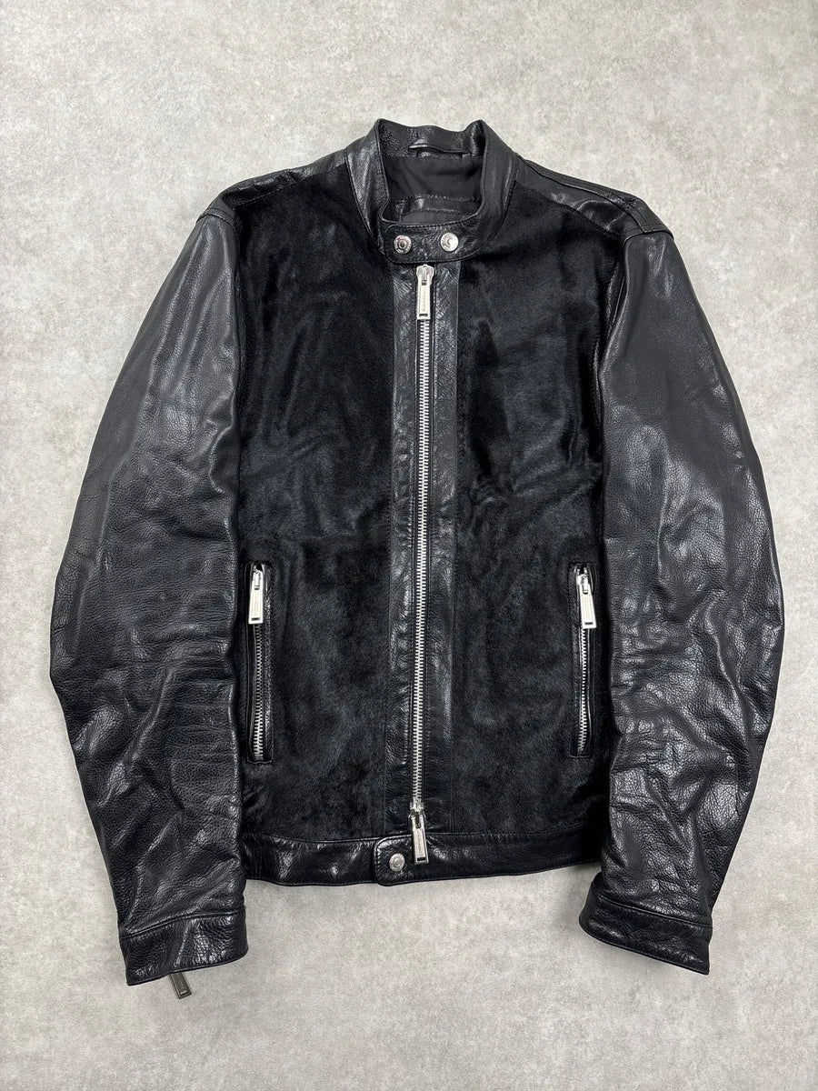 AW2015 Dsquared2 Black Leather Pony Hair Panel Biker Jacket ZsDeAhqj 0