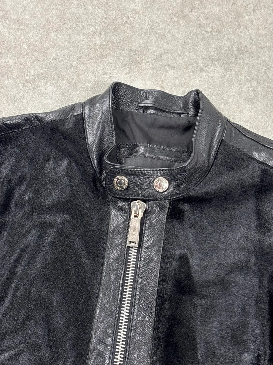 AW2015 Dsquared2 Black Leather Pony Hair Panel Biker Jacket ZsDeAhqj 3